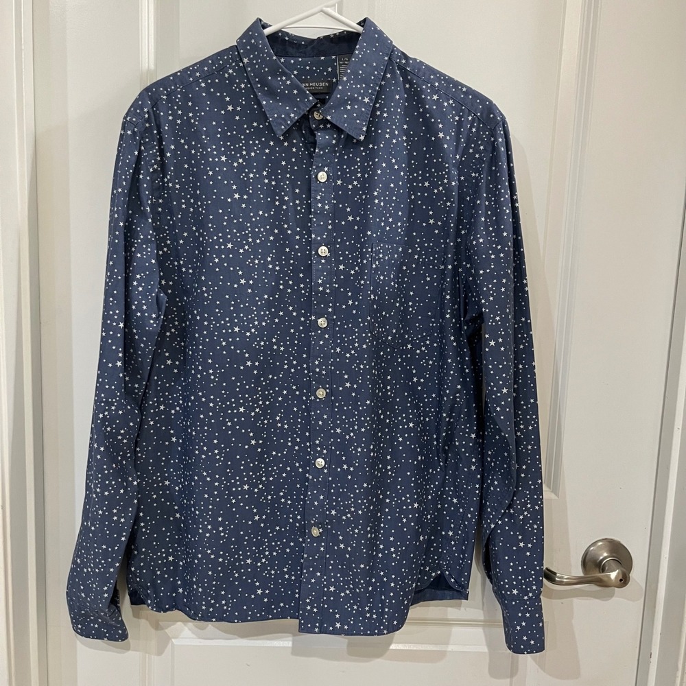Van Heusen Never Tuck Slim Fit Shirt Mens L Blue White Star Print Button Down